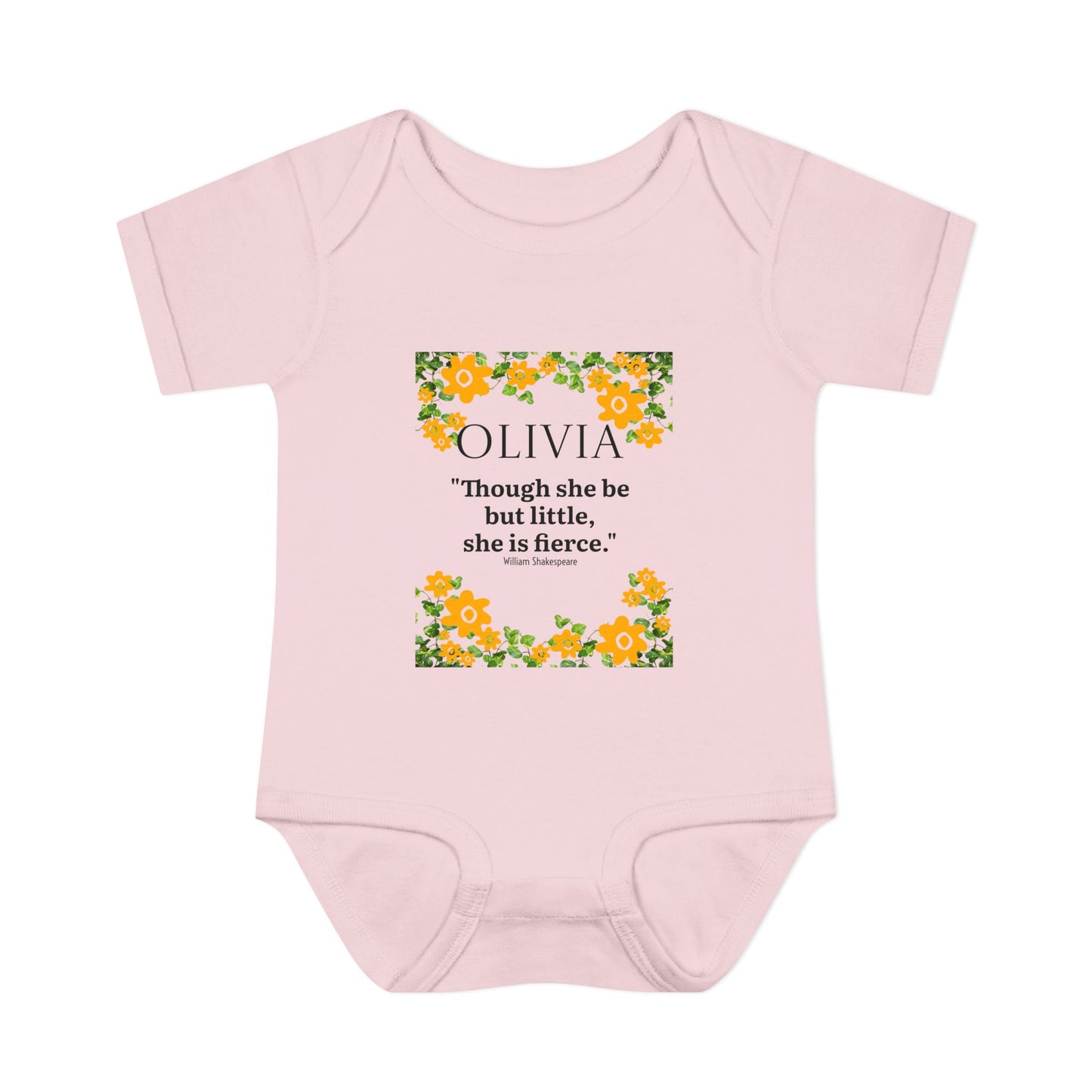 Personalized Floral Baby Bodysuit – “Though she be but little, she is fierce.”