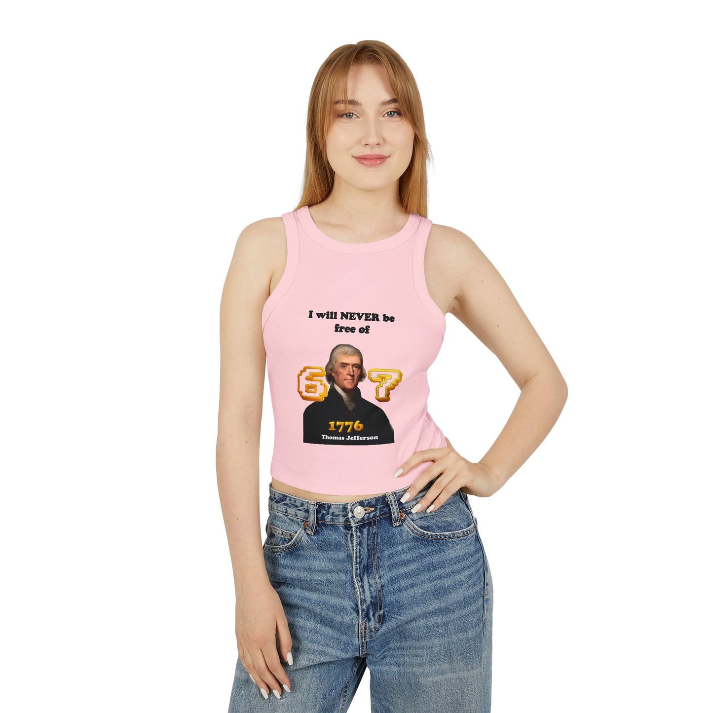 Cheeky Gen Z Joke Racer Tank Top -"I will never be free of six seven" 1776 Thomas Jefferson