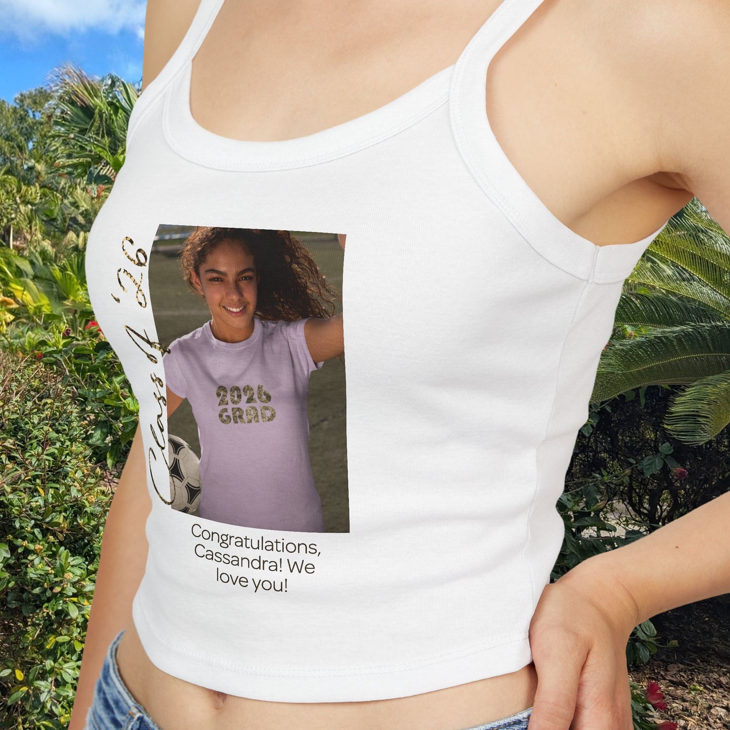 Graduation Photo & Message Spaghetti Tank — Personalizable Grad Party Top