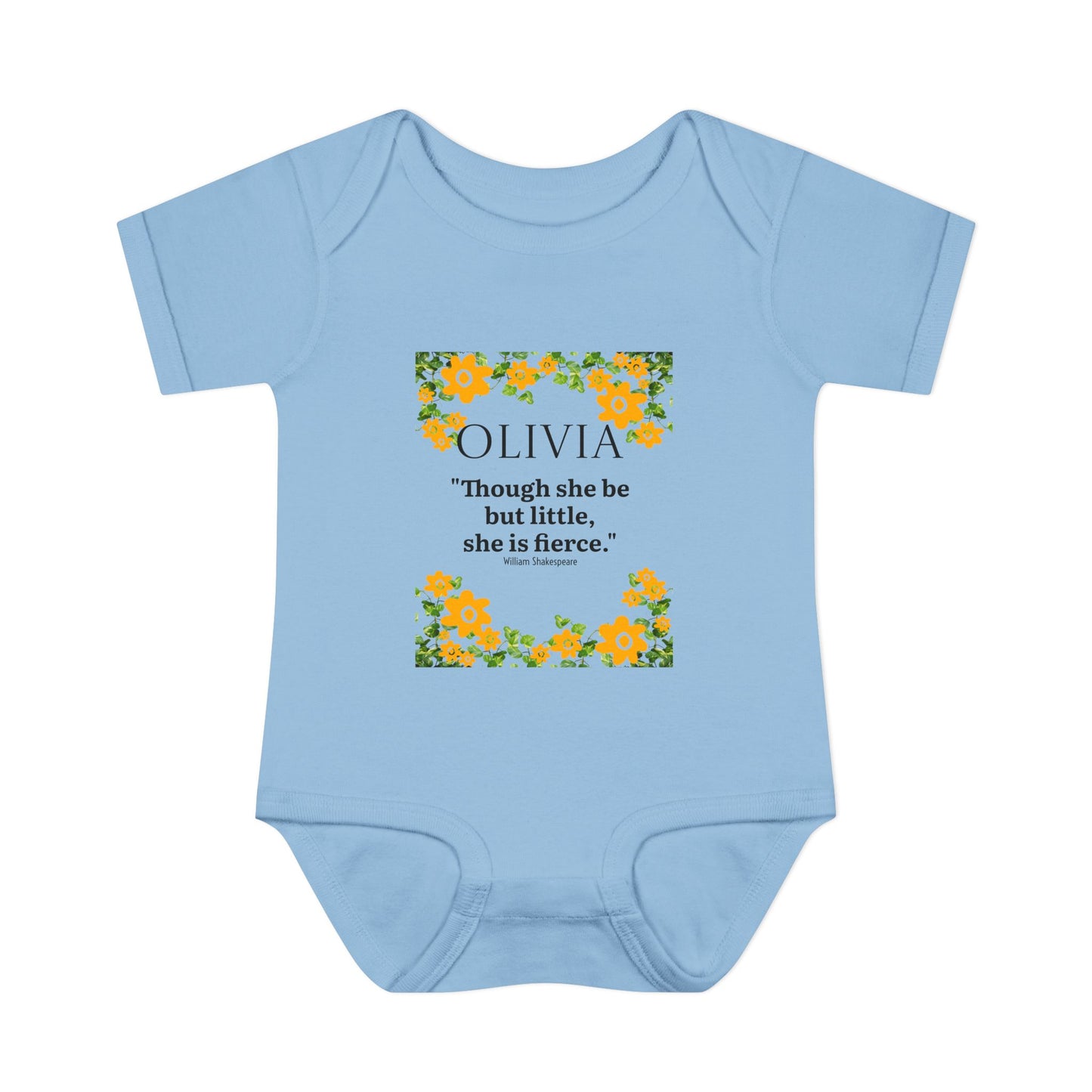 Personalized Floral Baby Bodysuit – “Though she be but little, she is fierce.”