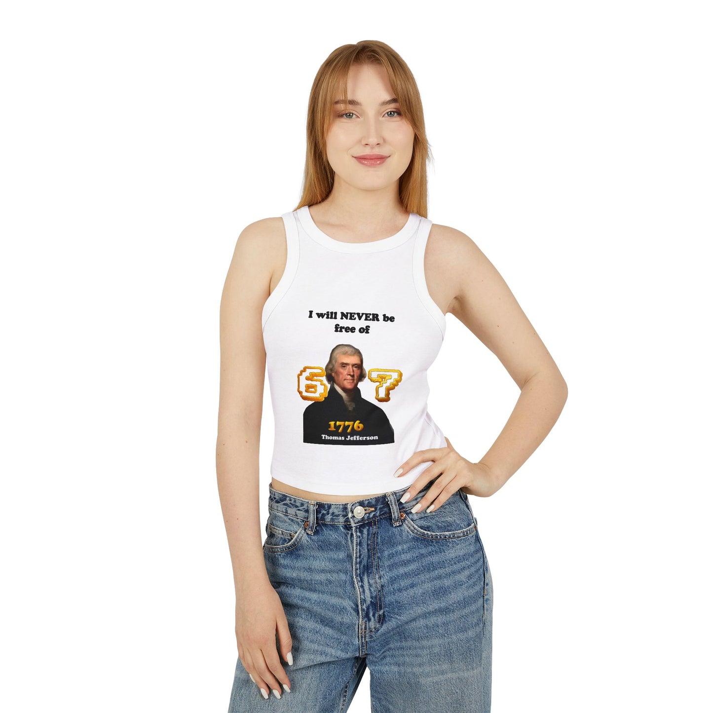 Cheeky Gen Z Joke Racer Tank Top -"I will never be free of six seven" 1776 Thomas Jefferson