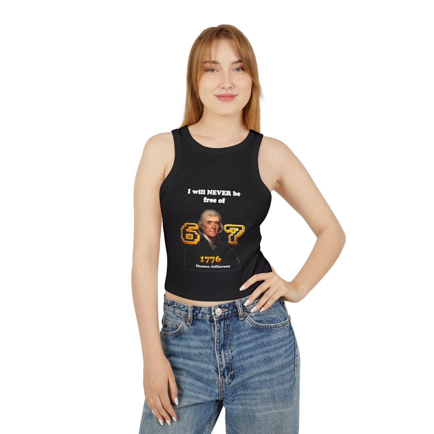 Cheeky Gen Z Joke Racer Tank Top -"I will never be free of six seven" 1776 Thomas Jefferson