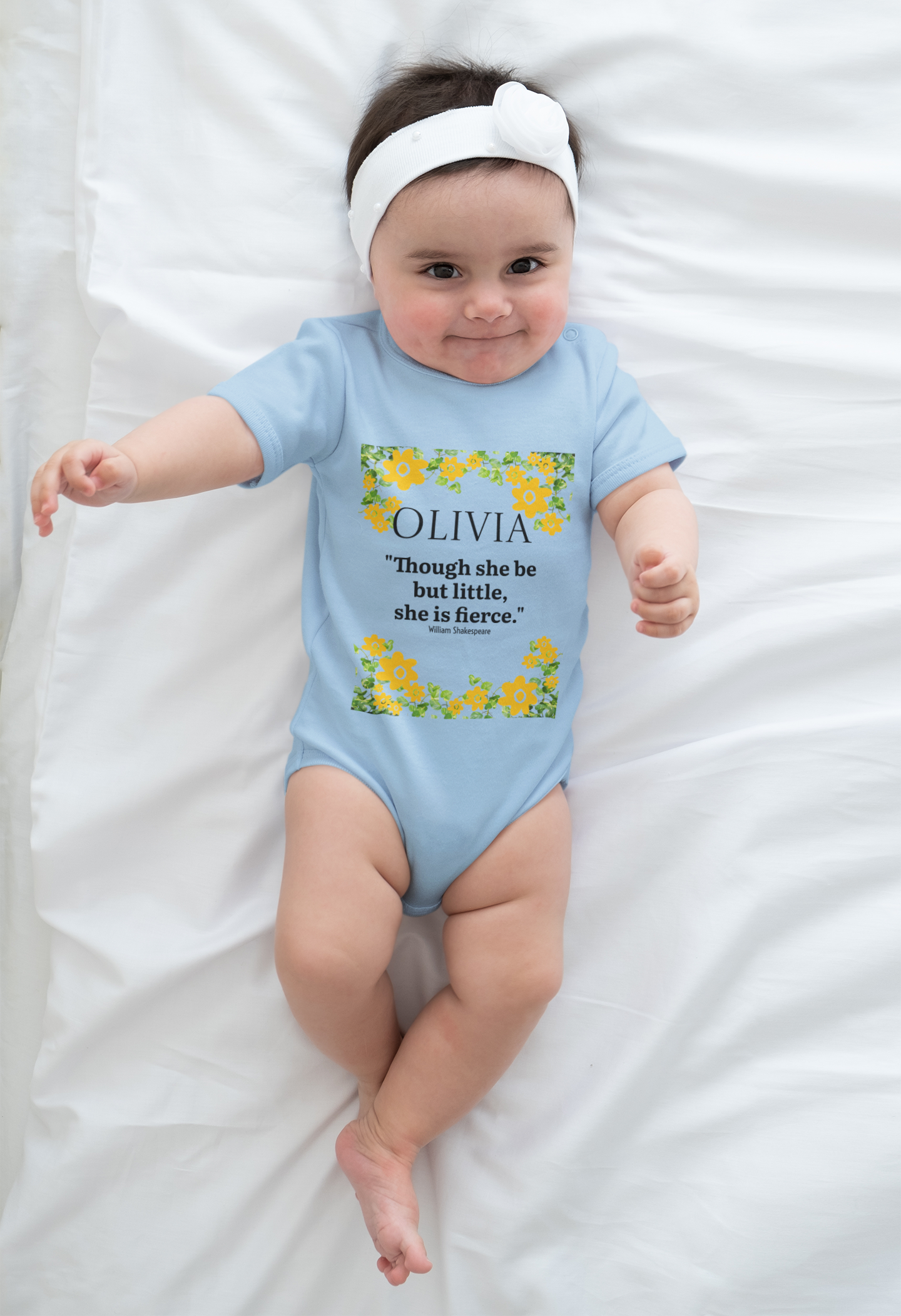 Personalized Floral Baby Bodysuit – “Though she be but little, she is fierce.”