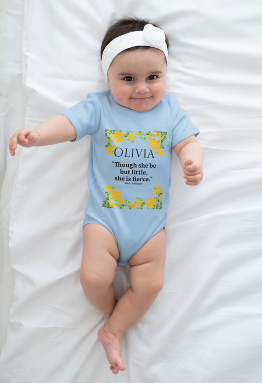Personalized Floral Baby Bodysuit – “Though she be but little, she is fierce.”