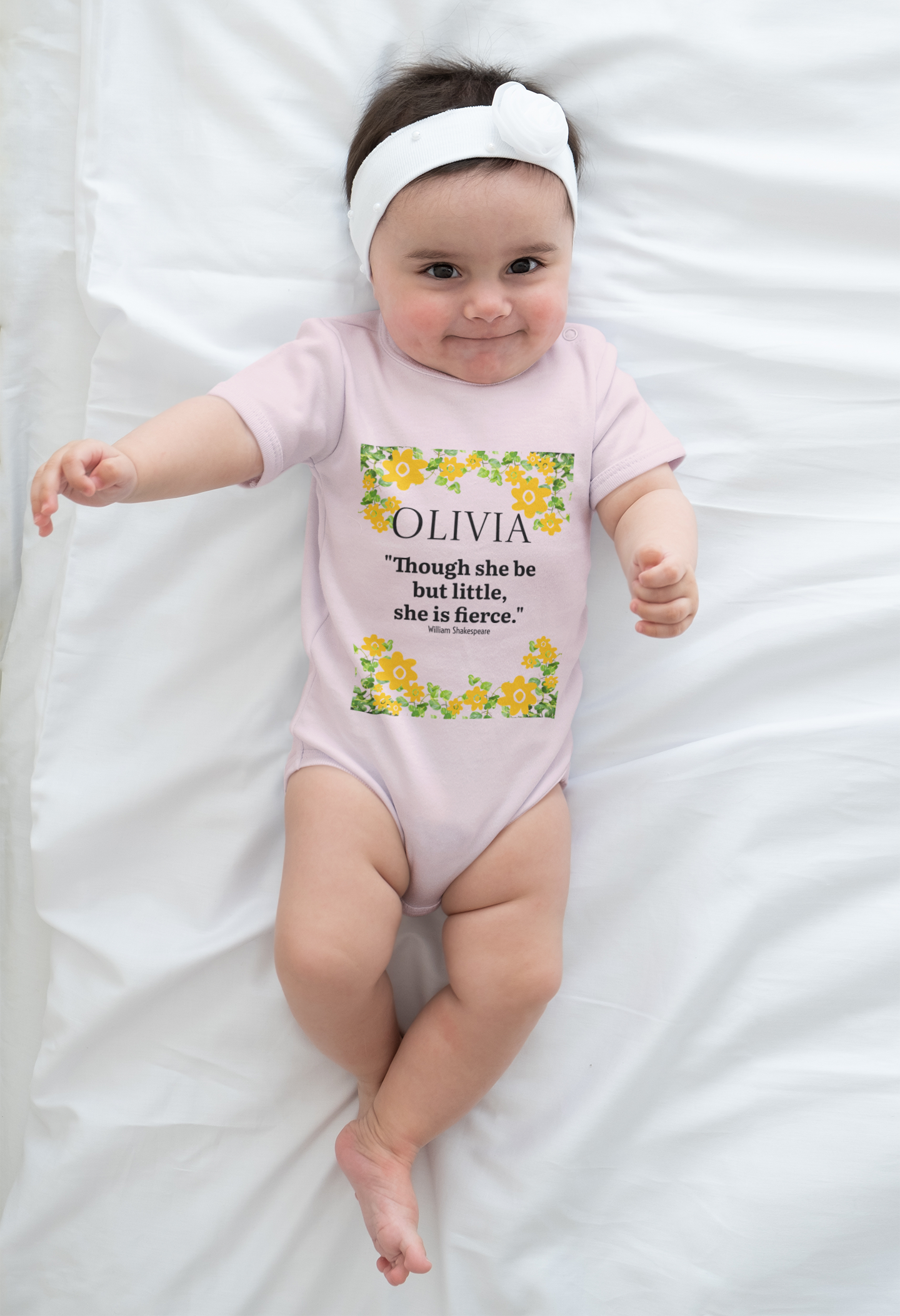 Personalized Floral Baby Bodysuit – “Though she be but little, she is fierce.”