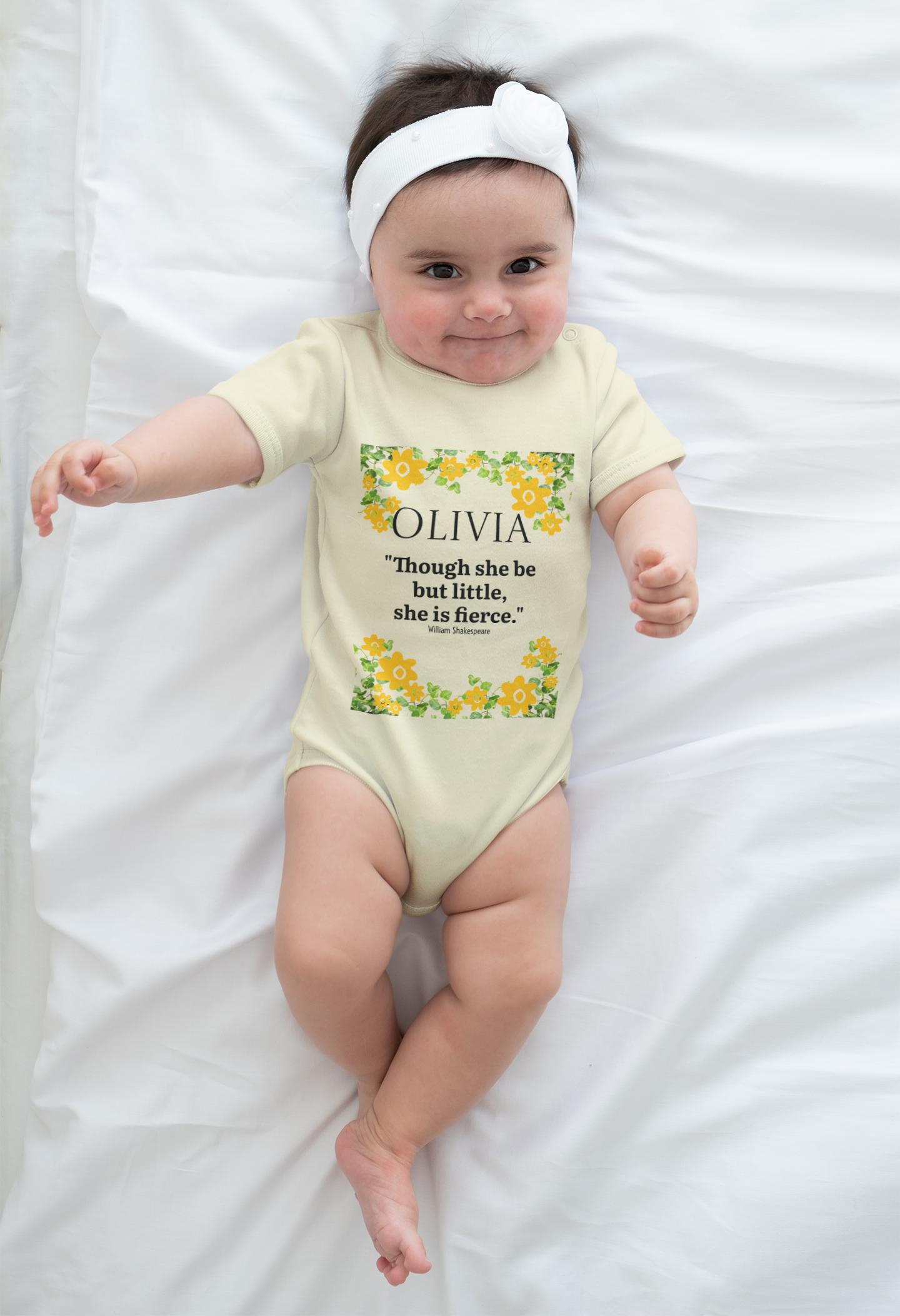Personalized Floral Baby Bodysuit – “Though she be but little, she is fierce.”