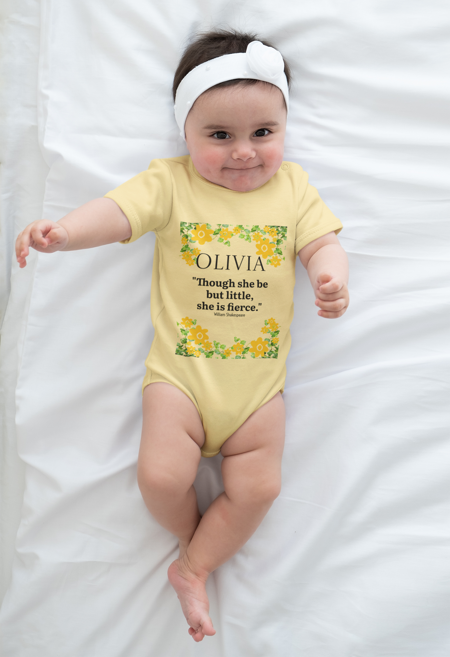 Personalized Floral Baby Bodysuit – “Though she be but little, she is fierce.”