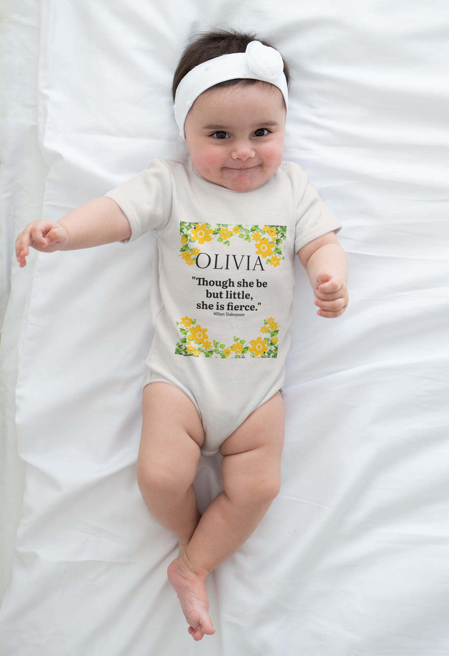 Personalized Floral Baby Bodysuit – “Though she be but little, she is fierce.”