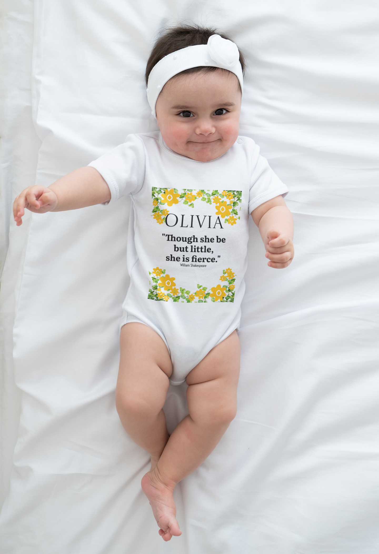 Personalized Floral Baby Bodysuit – “Though she be but little, she is fierce.”