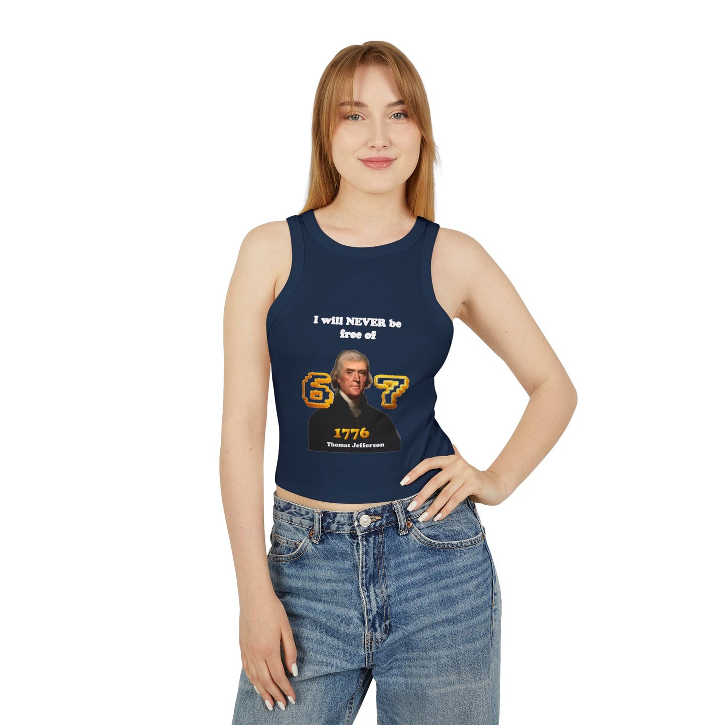Cheeky Gen Z Joke Racer Tank Top -"I will never be free of six seven" 1776 Thomas Jefferson