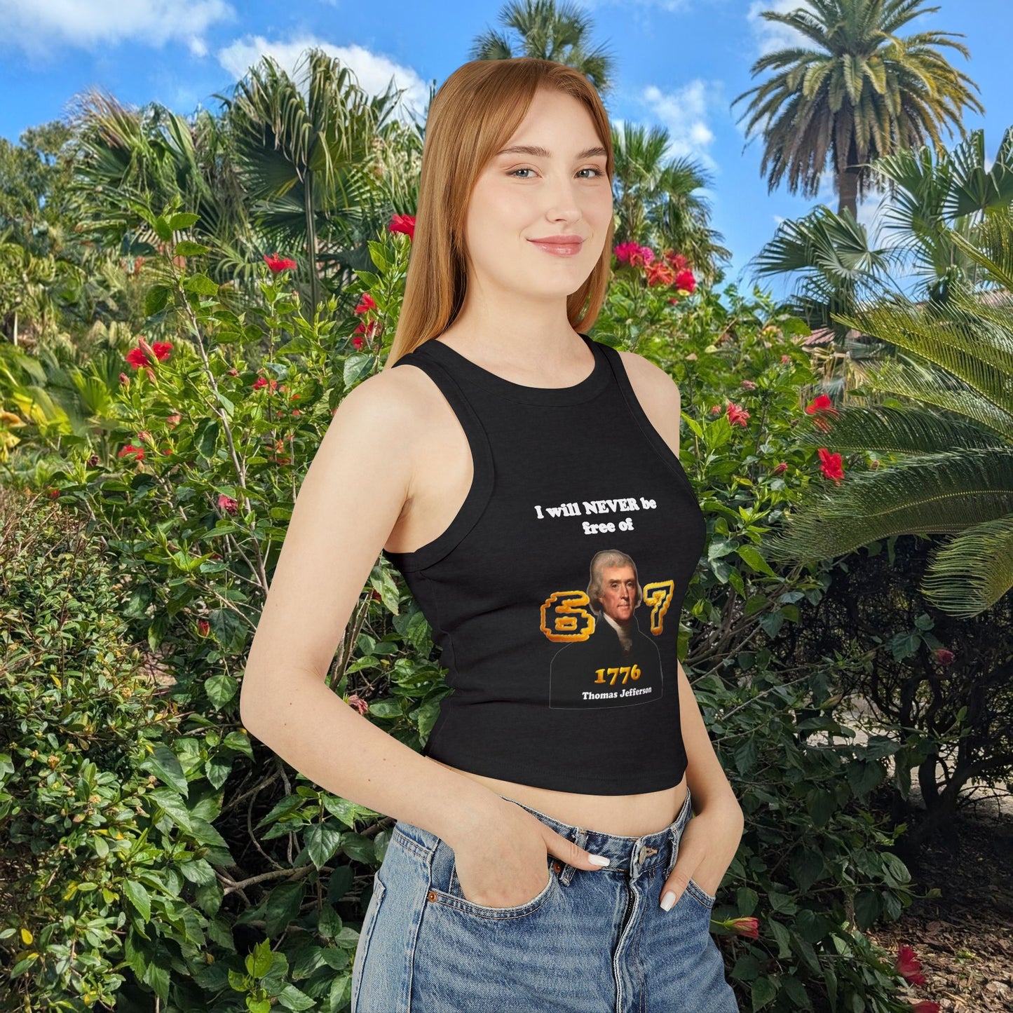 Cheeky Gen Z Joke Racer Tank Top -"I will never be free of six seven" 1776 Thomas Jefferson