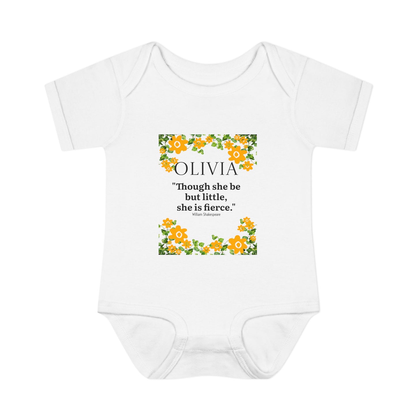 Personalized Floral Baby Bodysuit – “Though she be but little, she is fierce.”