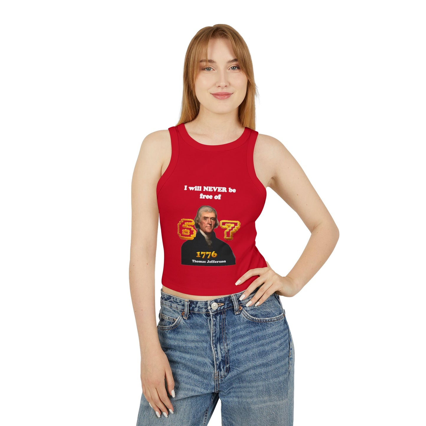 Cheeky Gen Z Joke Racer Tank Top -"I will never be free of six seven" 1776 Thomas Jefferson