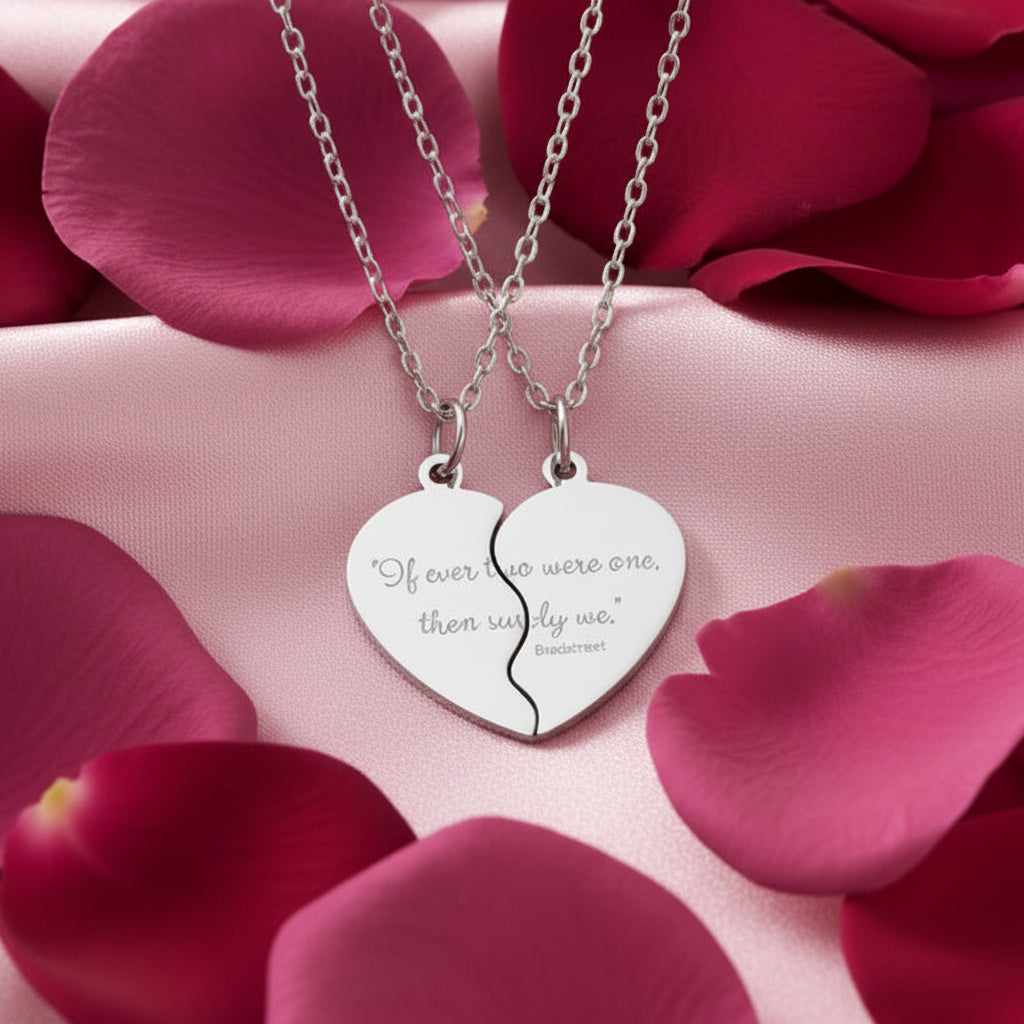 Engraved Break-Apart Heart Necklace Set – 2-Piece Split Pendant for Best Friends or Couples