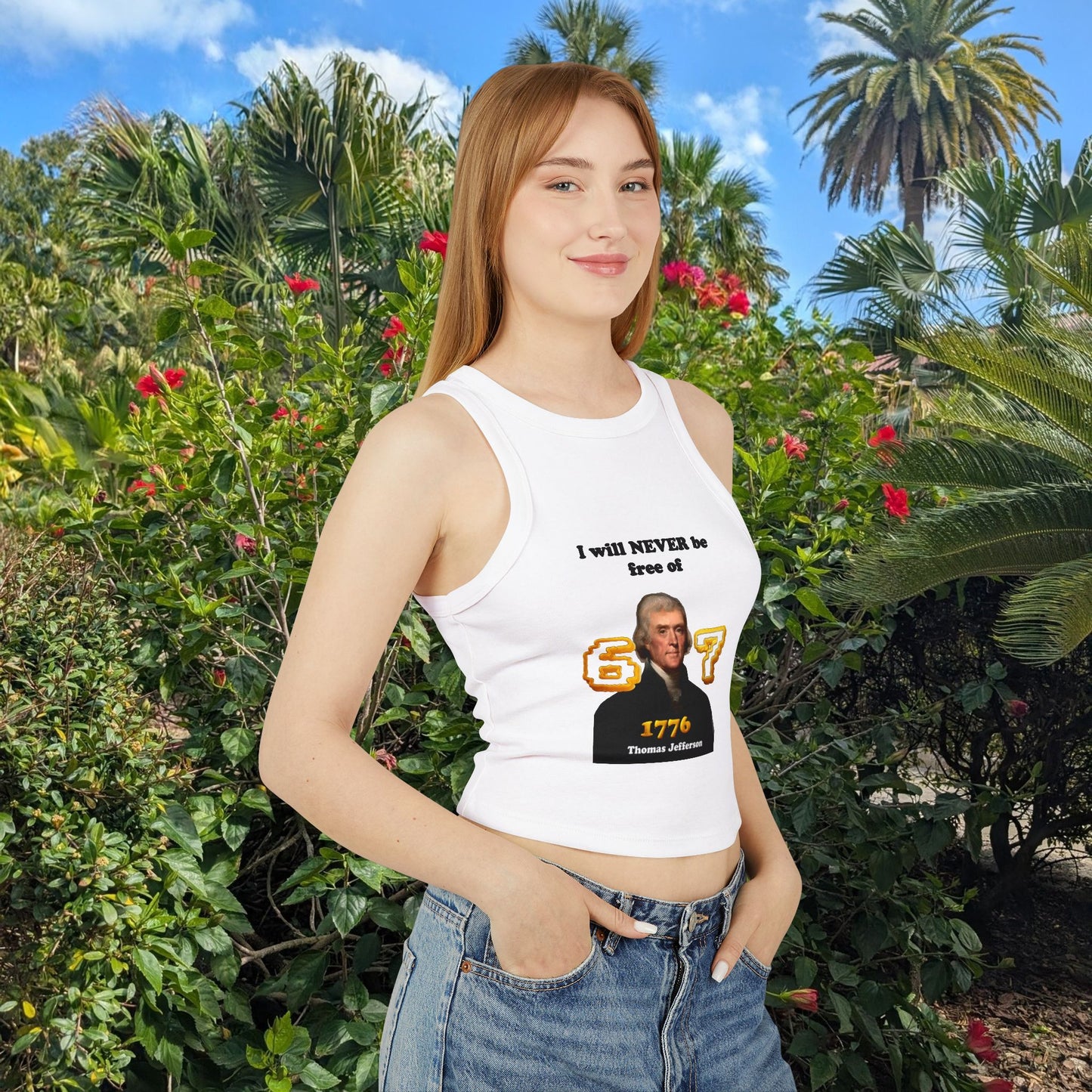 Cheeky Gen Z Joke Racer Tank Top -"I will never be free of six seven" 1776 Thomas Jefferson