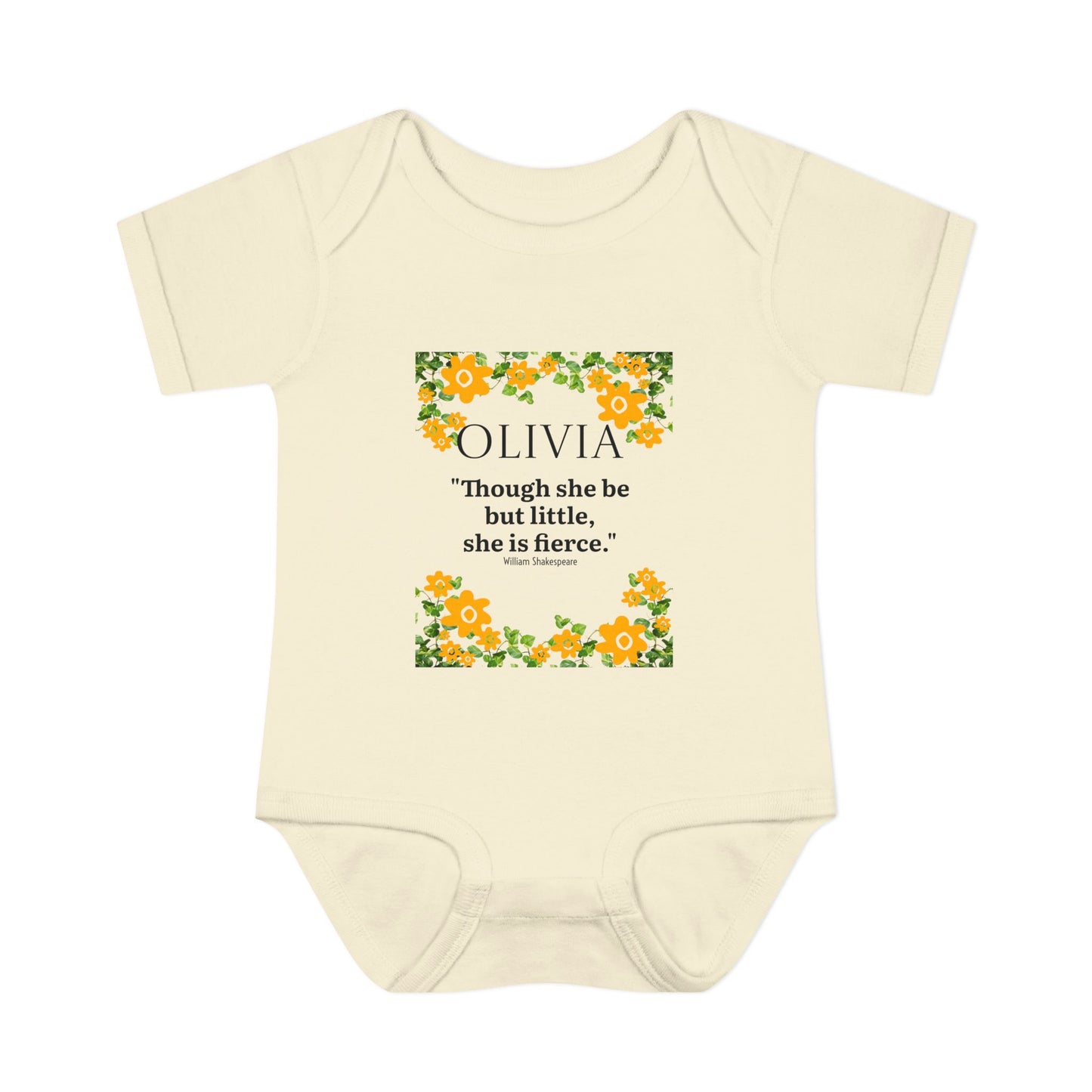 Personalized Floral Baby Bodysuit – “Though she be but little, she is fierce.”