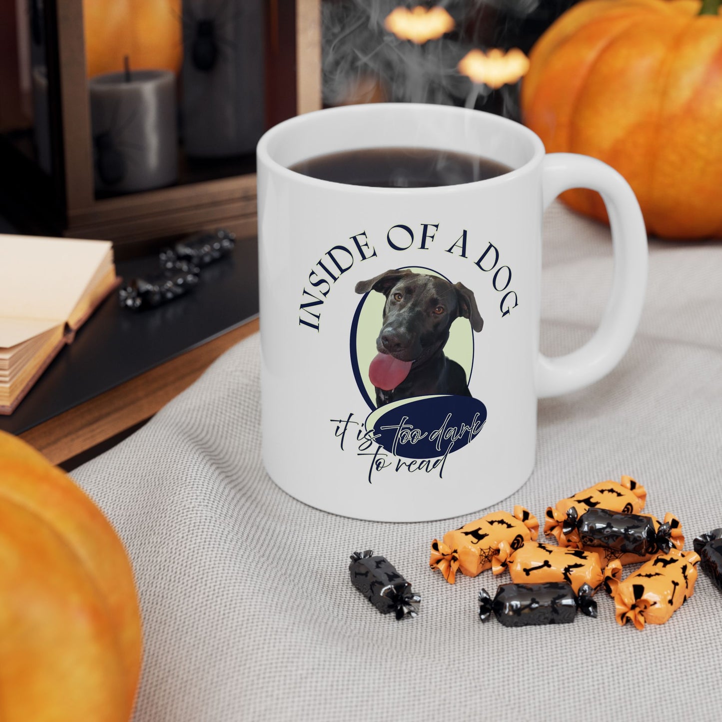 Dog & Books Ceramic Mug — “Outside of a Dog, a Book Is Man’s Best Friend” (11oz/15oz)