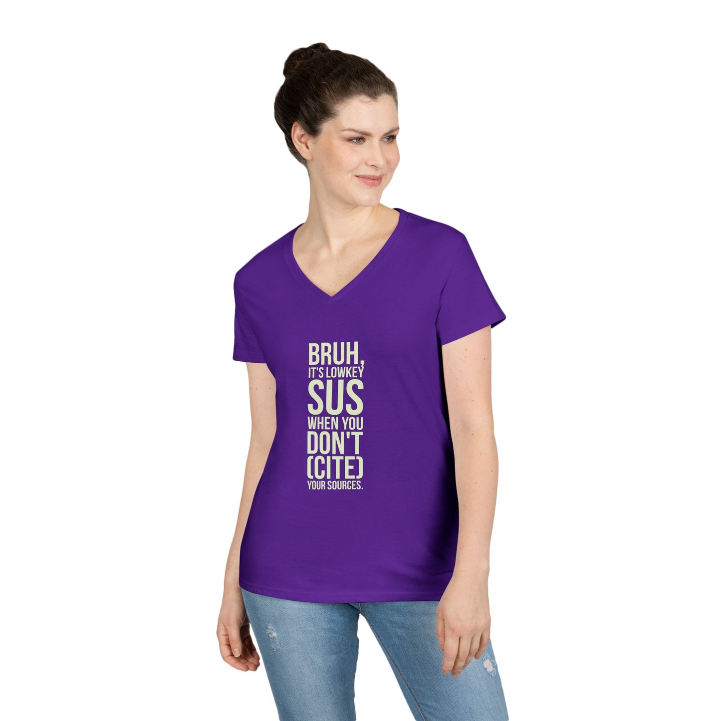 V-Neck T-Shirt — “Bruh, It’s Lowkey Sus When You Don’t (Cite) Your Sources” Funny Academic Tee - Nensensical