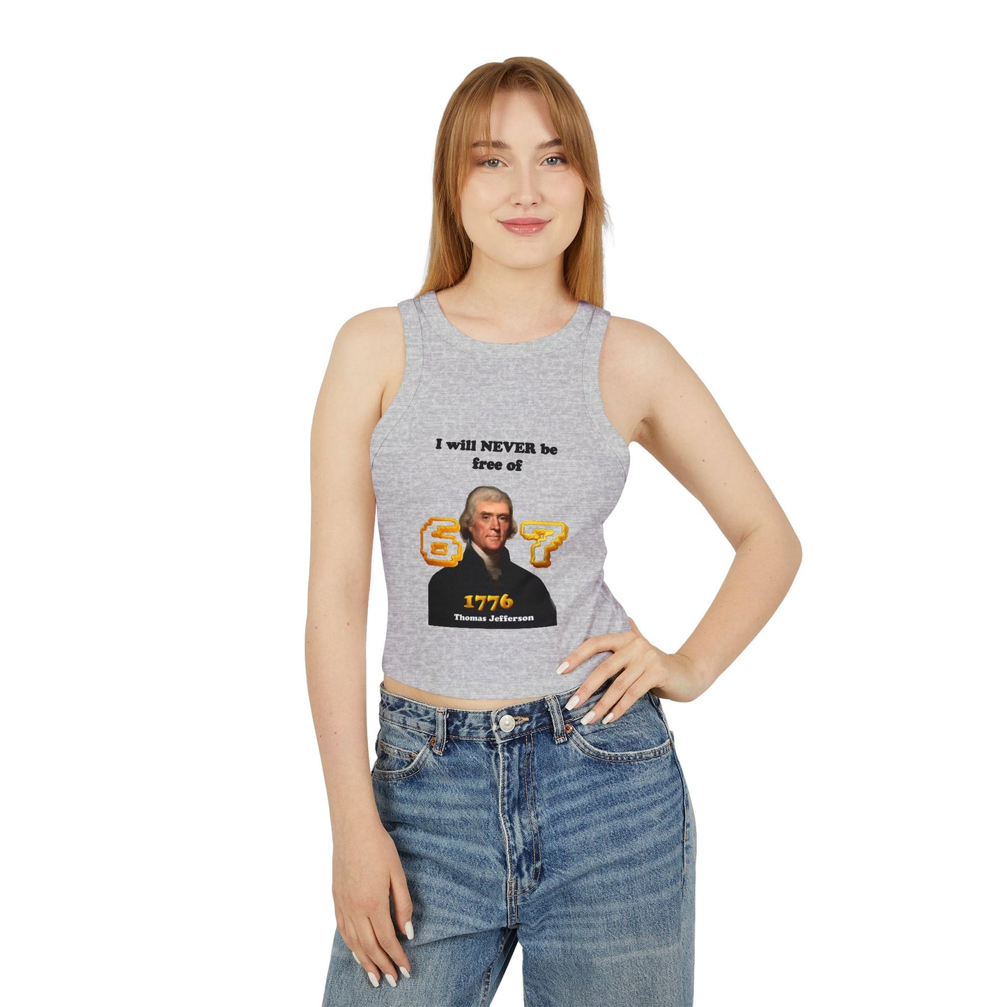 Cheeky Gen Z Joke Racer Tank Top -"I will never be free of six seven" 1776 Thomas Jefferson