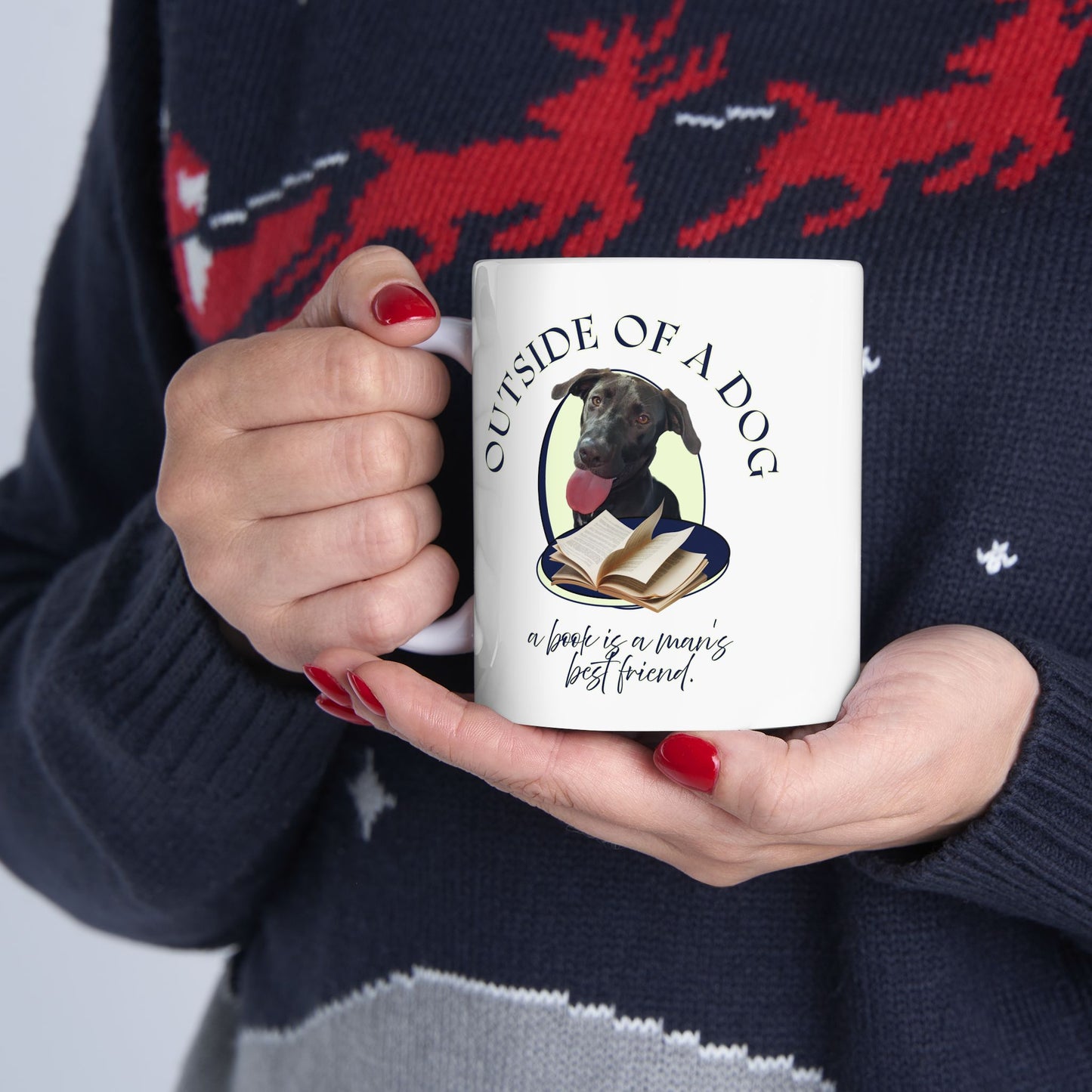 Dog & Books Ceramic Mug — “Outside of a Dog, a Book Is Man’s Best Friend” (11oz/15oz)