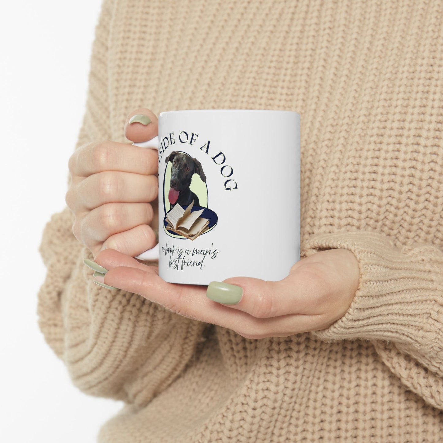 Dog & Books Ceramic Mug — “Outside of a Dog, a Book Is Man’s Best Friend” (11oz/15oz)