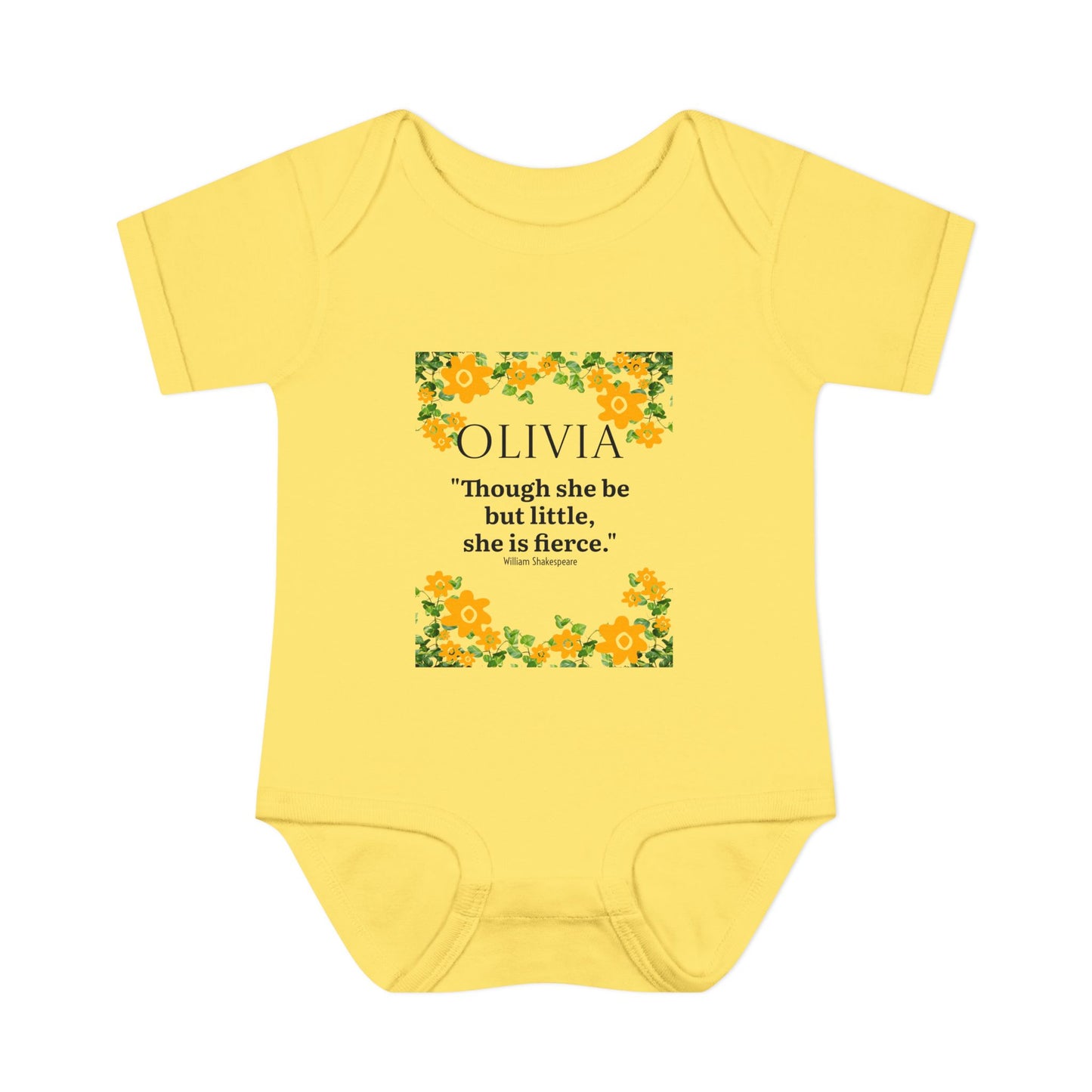 Personalized Floral Baby Bodysuit – “Though she be but little, she is fierce.”