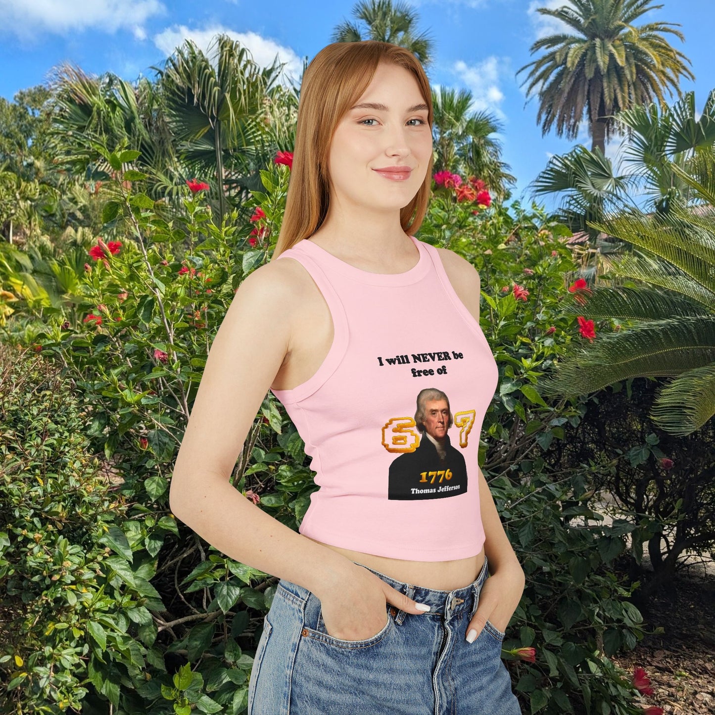 Cheeky Gen Z Joke Racer Tank Top -"I will never be free of six seven" 1776 Thomas Jefferson